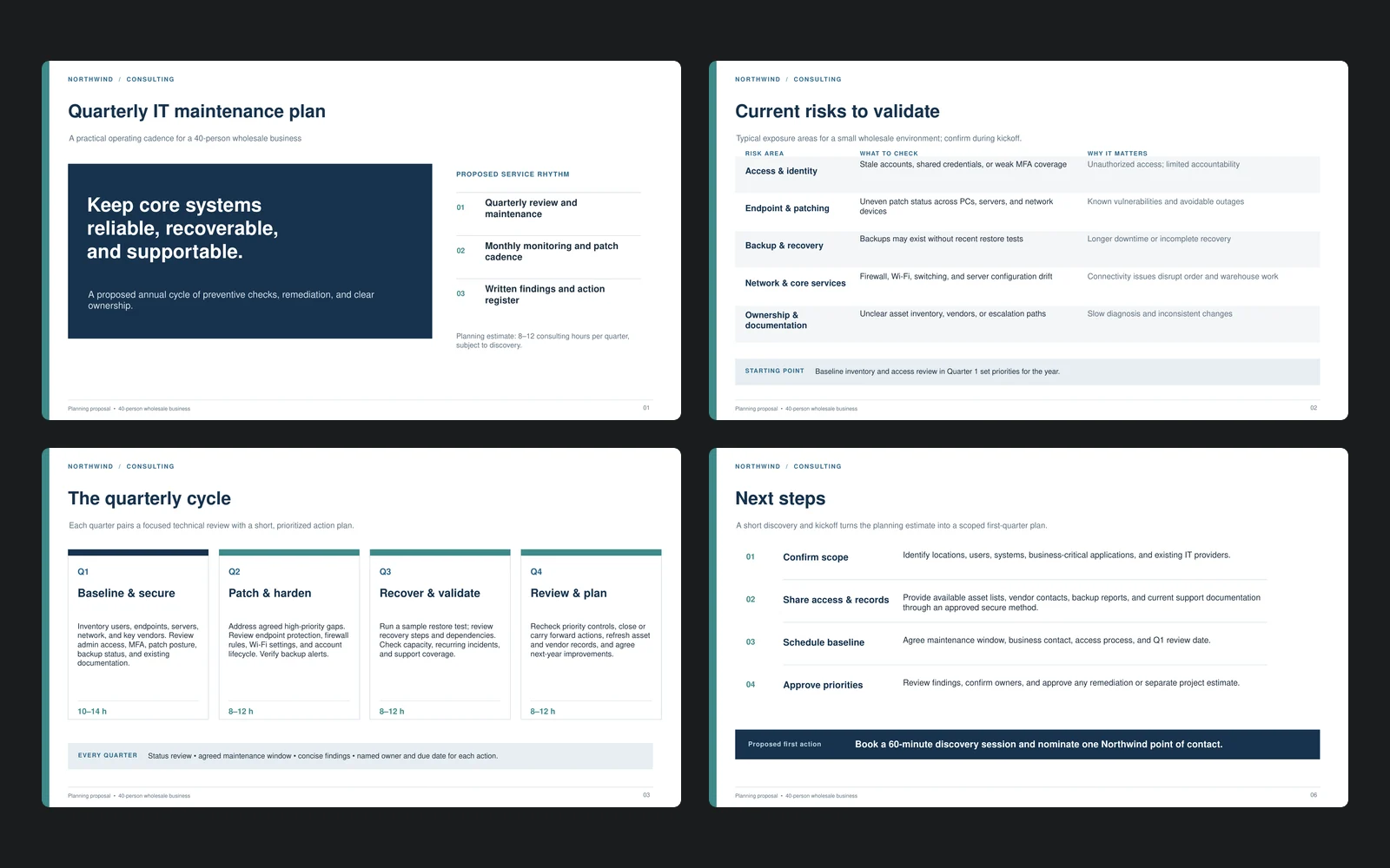 Four slides from a generated PowerPoint deck: a quarterly IT maintenance plan with a risk table, a four-quarter cycle, and next steps.