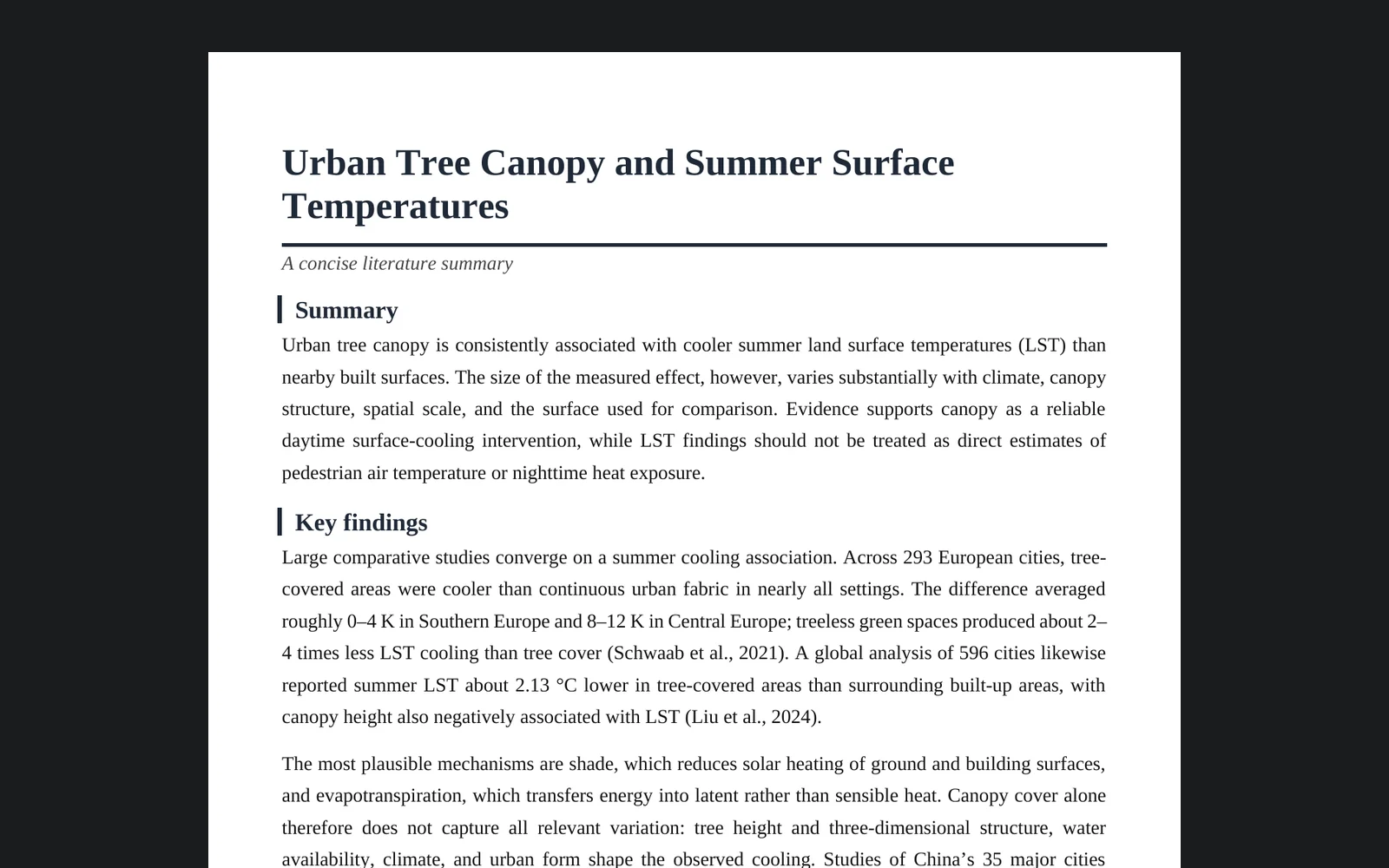 The first page of a generated Word document titled Urban Tree Canopy and Summer Surface Temperatures, with a summary and key findings citing published studies.