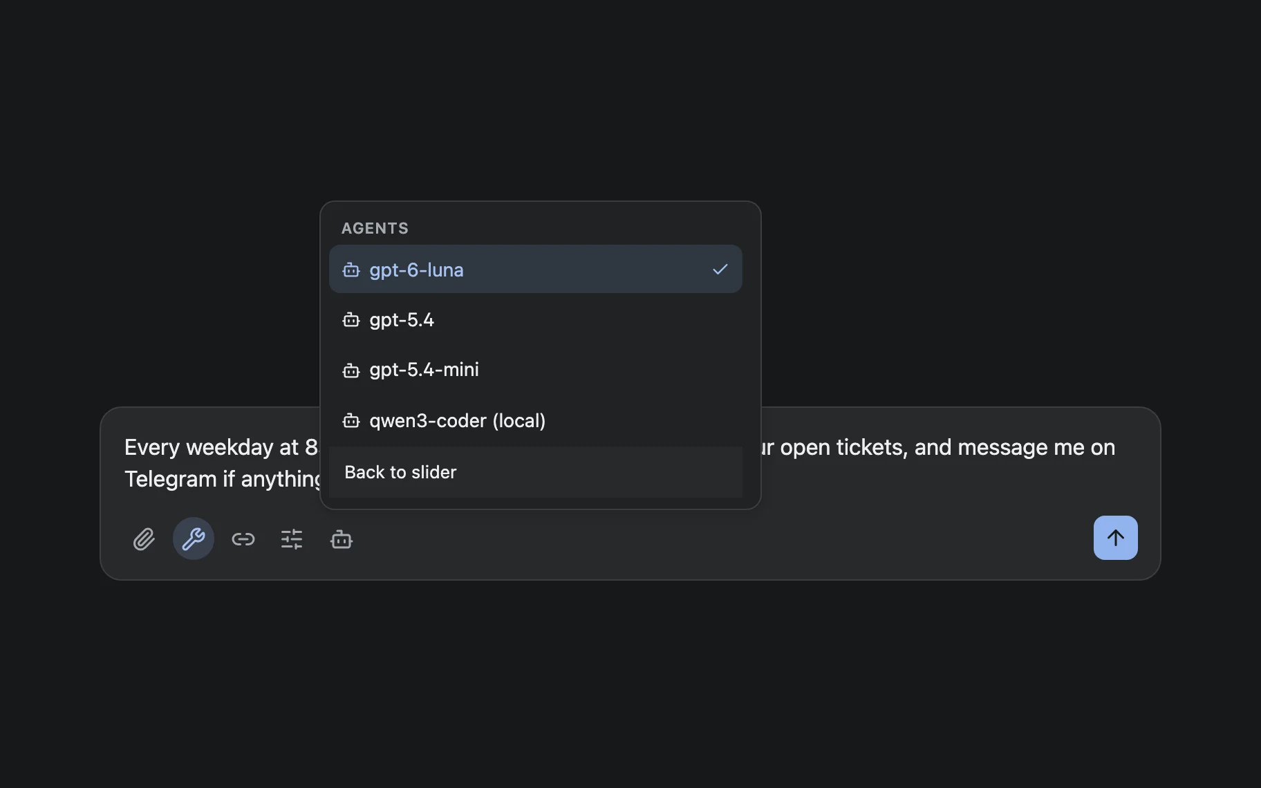 The model picker in the task composer, listing hosted models alongside one running locally.