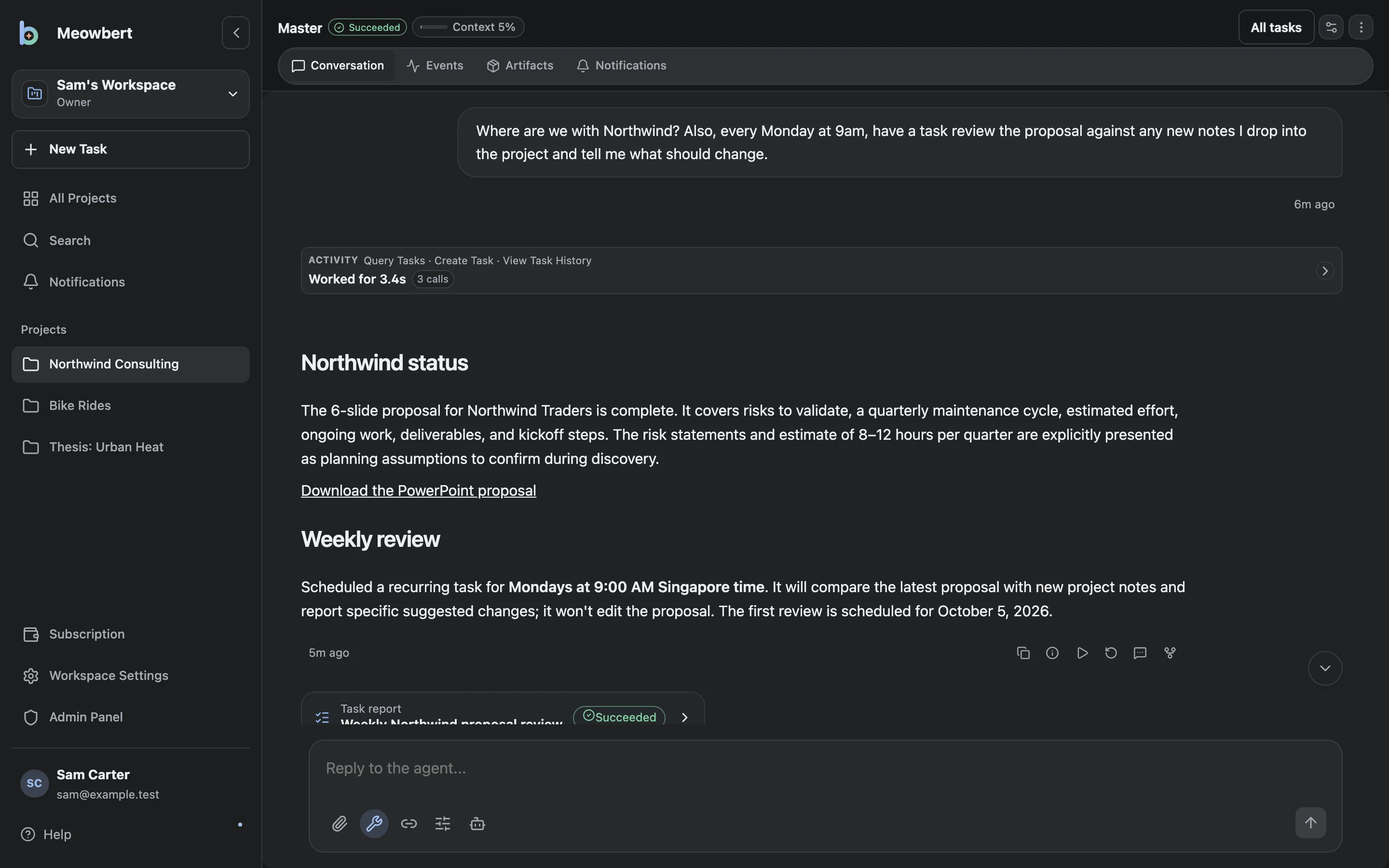A project's Master answering a status question and confirming a weekly scheduled review.