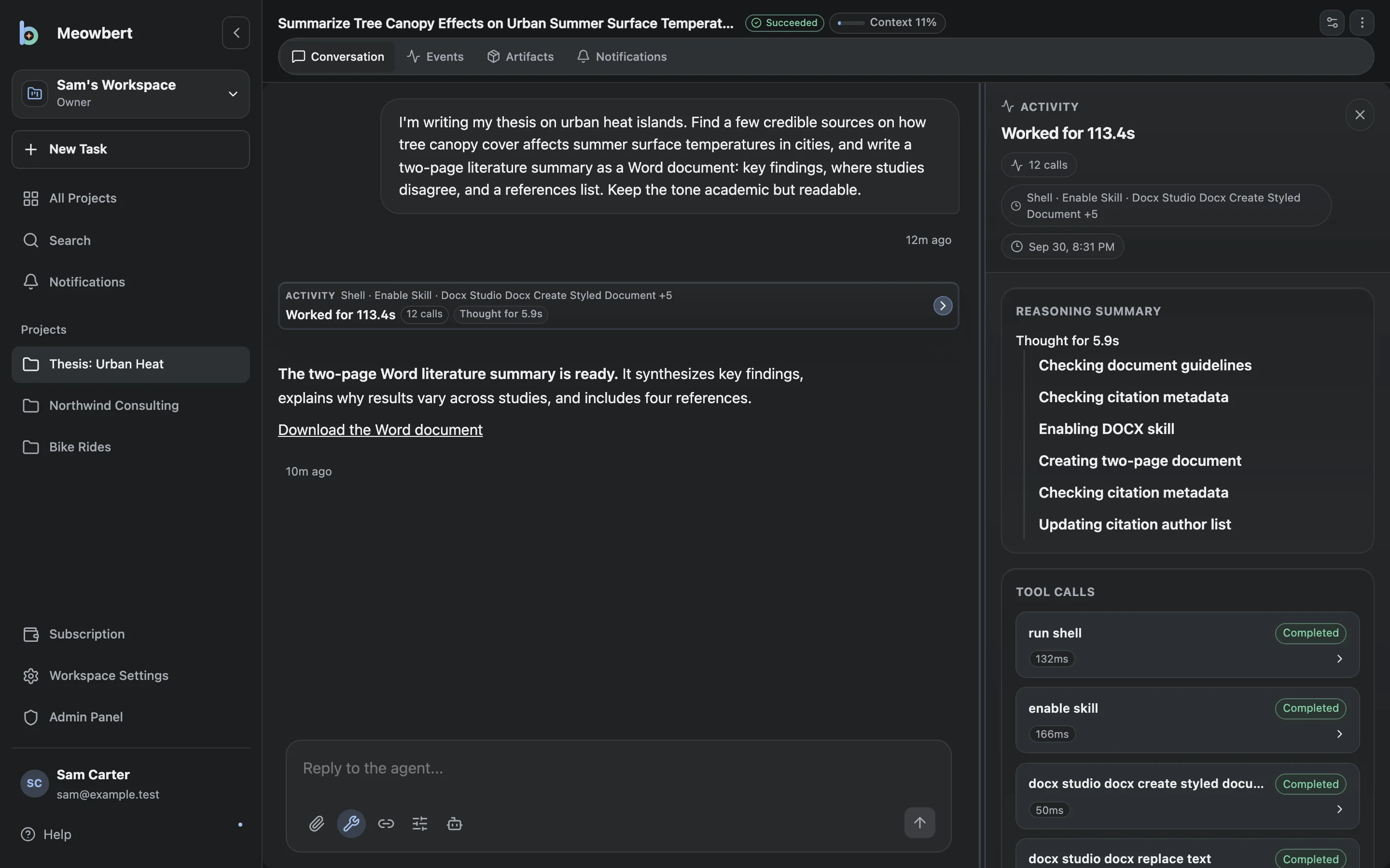 A research task with its activity panel open, showing the agent's reasoning steps and the tools it called to build a Word document.