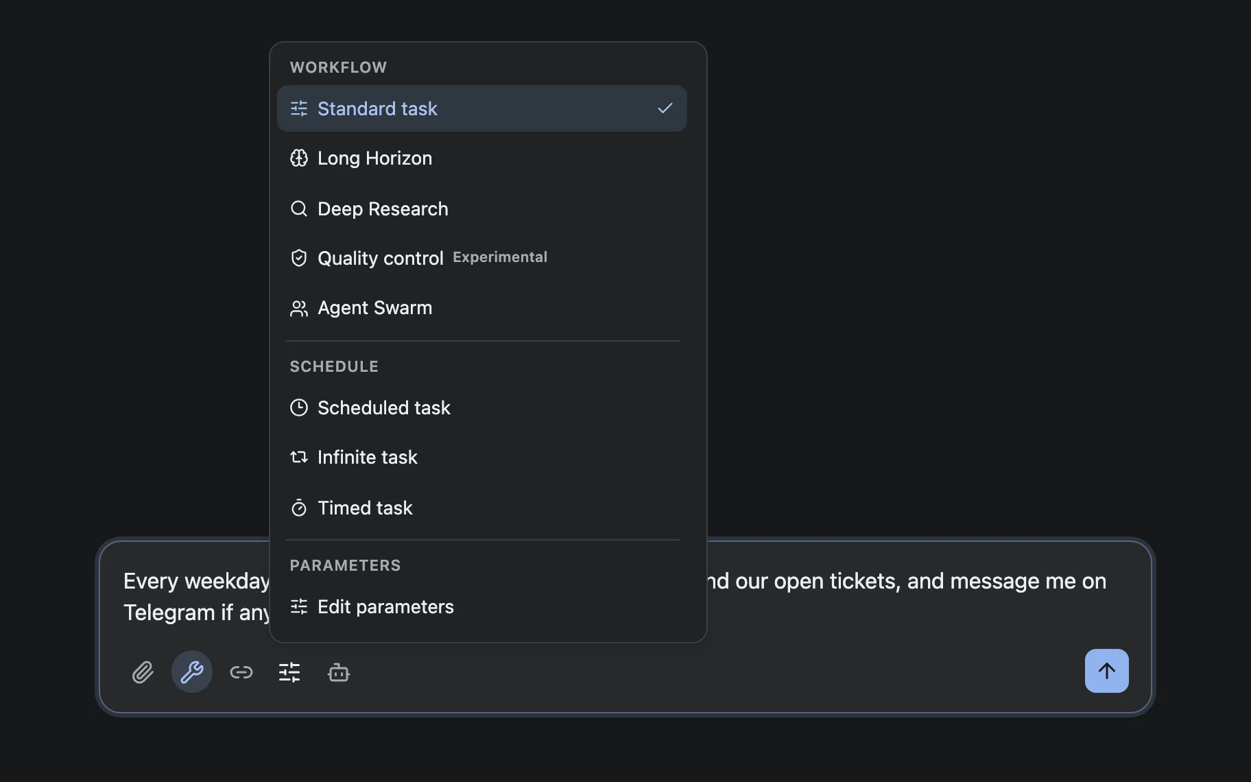 The task composer's parameters menu: workflows such as Long Horizon and Agent Swarm, and scheduled, infinite, and timed tasks.